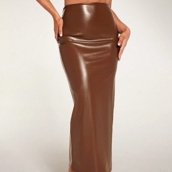 Coffee Brown Preppy Womens High Waist PU Leather Pencil Skirt - Picture 3 of 5